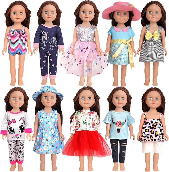 10 Sets of 18 Inch American Doll Clothes, Including 10 of Doll Clothing Dress Outfits for American Dolls, Birthday Gifts for Kids