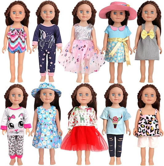 10 Sets of 18 Inch American Doll Clothes, Including 10 of Doll Clothing Dress Outfits for American Dolls, Birthday Gifts for Kids