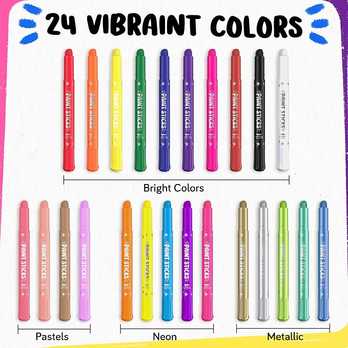 24 Thin Tempera Paint Sticks for Kids Washable (Coloring Book incl) | Non-Toxic Markers for Toddlers 1-3 | Works on Paper, Canvas, Wood, Cardboard - Painting Crayons, Art and Craft Supplies