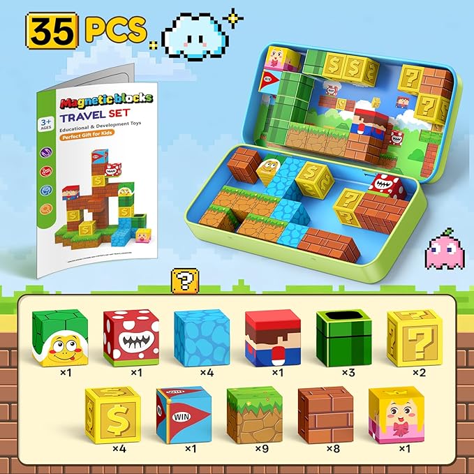 Magnetic Blocks Travel Toys for Kids Ages 4-8, 35 PCS Magnetic Cubes STEM Learning Set with Portable Iron Storage Box Construction Learning Toys for Toddlers Ages 3-5