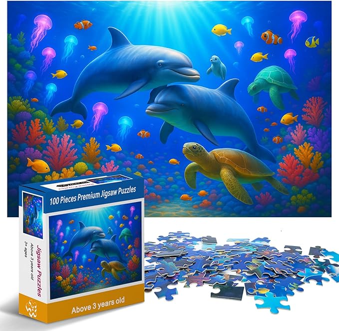 100-Piece Colorful Ocean Puzzles for Kids Ages 4-6 6-8 8-10, 100-Piece Jigsaw Puzzle with Dolphins, Sea Turtles, Fish & Coral – Educational Toy for Boys & Girls – Underwater Animal Puzzle Game