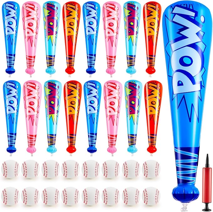 Seematn 16 Sets Inflatable Baseball Bats and Baseballs Set Includes 17 Inch Pow Inflatable Baseball Bats and 2.5 Inch Mini Foam Baseballs for Sports Party Favor Carnival Birthday (Classic Colors)