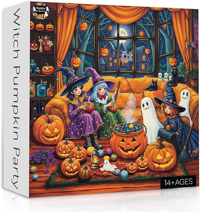 Halloween Party Puzzles for Adults 1000 Pieces, Witches Ghost Pumpkin Jigsaw Puzzles, Difficult Fall Candy Art Puzzles