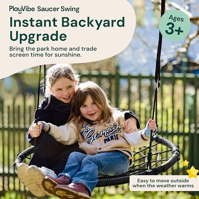 PLAYVIBE Spider Web Tree Swing Year-Round Gift - 40-Inch Black Saucer - 440 lb Capacity & 900D Oxford Waterproof - Heavy-Duty Steel Frame & Hanging Straps, Outdoor Swing Set Accessories for Toddlers