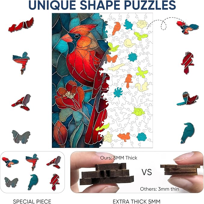 Wooden Puzzles for Adults - Cardinals Stained Glass Unique Shaped Pieces, 500 Pieces Flower Cardinal Bird Art Puzzle, Beautiful Home Wall Decor & Gift for Bird Lovers, Family Game, 11.8 * 15.7in