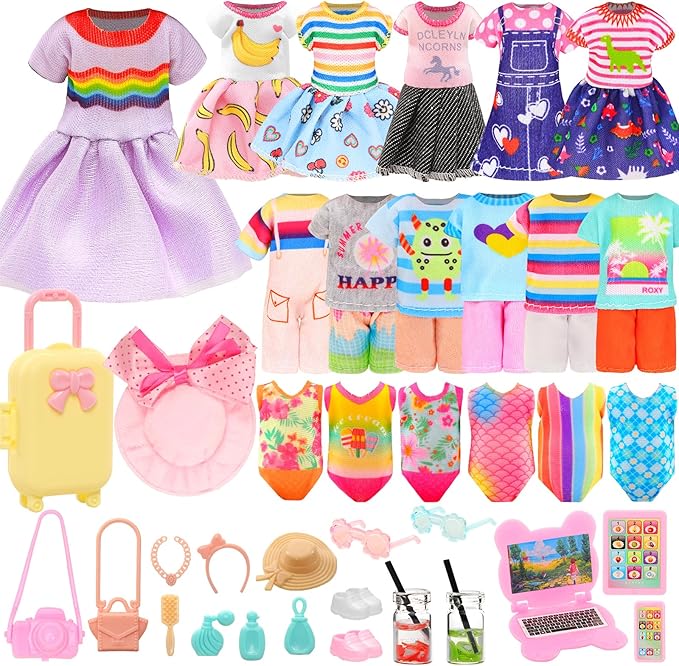 Miunana 27 Pcs Doll Suitcase Luggage Travel Clothes and Accessories for 6 inch Dolls , Including 1 Suitcase 6 Clothes 1 Glasses 19 Travel Accessories