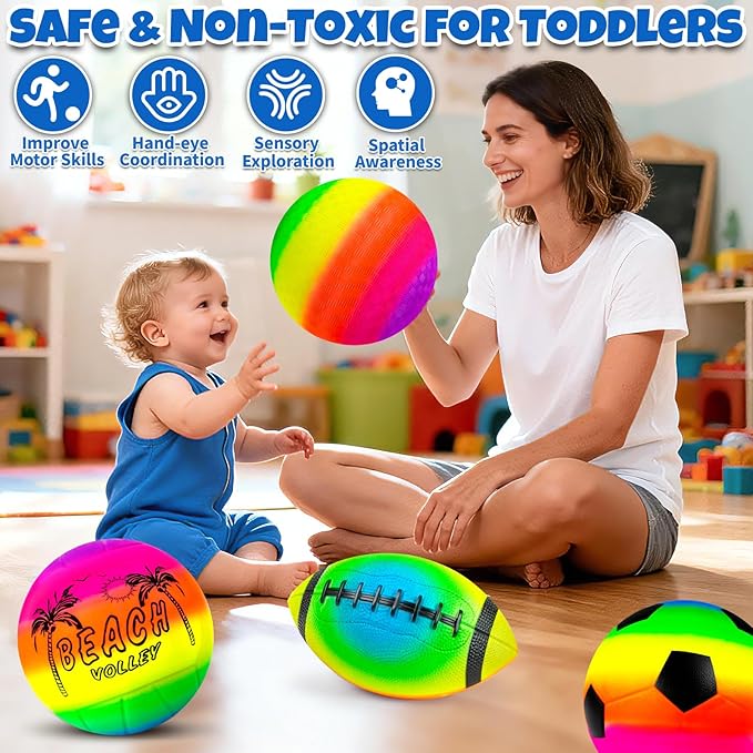 5 Pack Sports Balls Set for Kids & Toddlers - Includes 8.5'' Basketball Soccer Football Volleyball & Rainbow Playground Ball, Inflatable Bouncy Balls Toys Gift for Indoor Outdoor Party Games Play