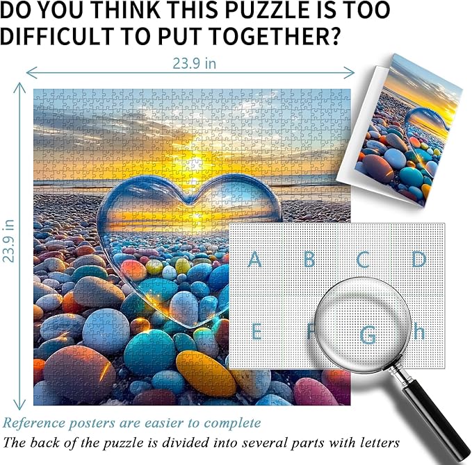 Crystal Heart Puzzles for Adults 1000 Pieces, PICKFORU Colorful Summer Beach Sunset Jigsaw Puzzles, Difficult Love Cobblestone Theme as Home Decor