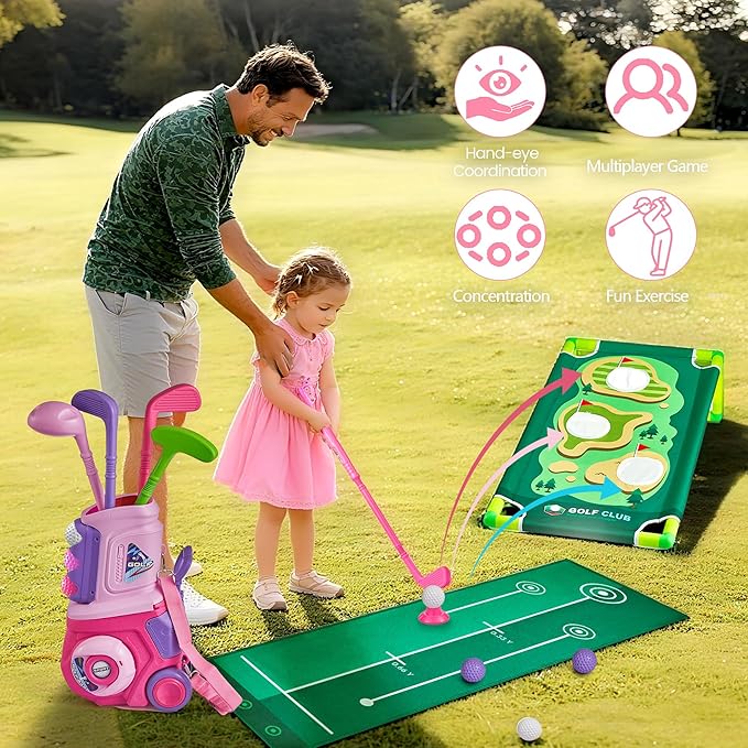PJG Toddler Golf Set with Mat & Cornhole Board Ages 1 2 3 4 5 Years Old, Plastic Kids Golf Clubs 3-5 with 4 Golf Clubs and 10 Balls, Golf Toy with Cart for Boys and Girls Birthday (Pink)