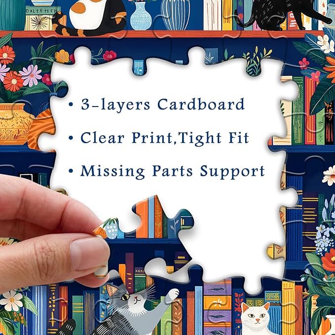 Cat Book Puzzles for Adults 1000 Pieces, PICKFORU Wildflower Pages Jigsaw Puzzle Bookshelf Library, Impossible Hard Floral Vase Theme for Book Lover