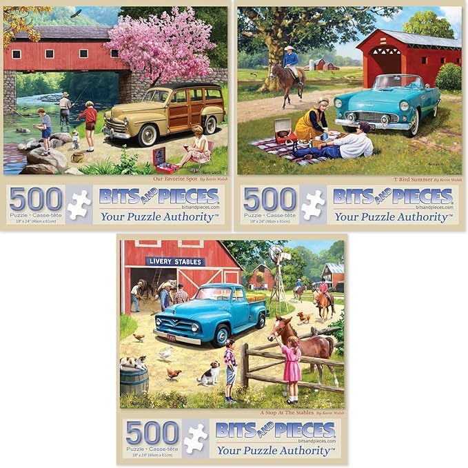 Bits and Pieces – Value Set of 3 Jigsaw Puzzles by Kevin Walsh - 500 (18"x24") - Our Favorite Spot, T Bird Summer, A Stop at The Stables