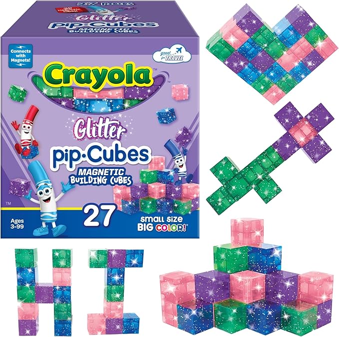 Crayola Glitter Magnetic PIP Cubes, Mini Magnetic Blocks Playset, STEM & Montessori Building & Educational Toys for Kids, Travel Toys for Boys and Girls Ages 3+, 27-Piece Set