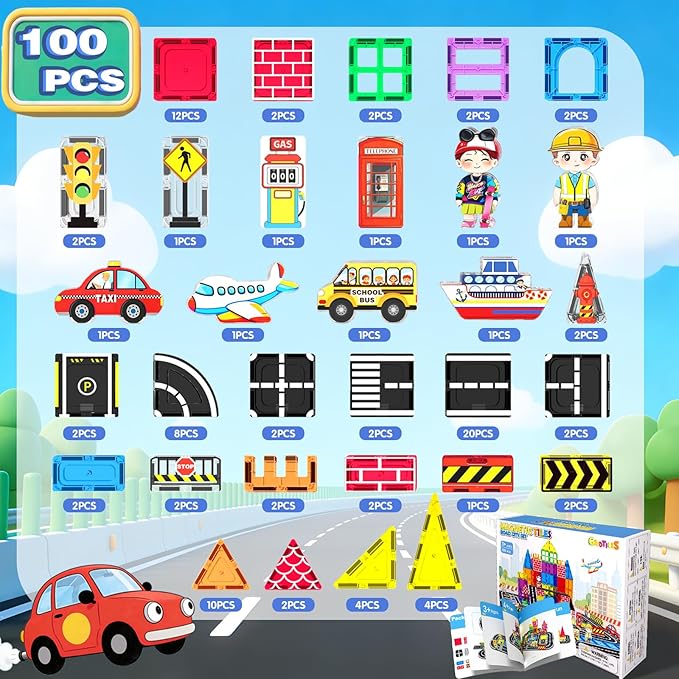 Magnetic Tiles Road Set 100Pcs- Magnetic Building Blocks for Kids Ages 3-5 and 4-8, Preschool STEM Sensory Toys for Toddlers 3-5, Educational Construction Gift for Boys & Girls Birthday Christmas