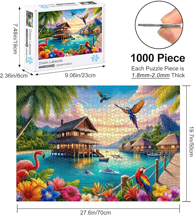 Rocorose 1000 Piece Family Jigsaw Puzzle for Adults, Parrot Flamingo Dolphin Animal Puzzle, Challenging Lakeside Sea Scenic Tropical Islands Puzzle Game Home Decor