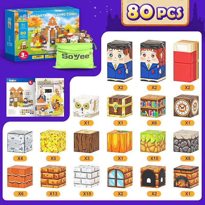 80PCS Magnetic Blocks - Build Mine Magnet World Magic World Adventure Set, 1’’ Magnet Cubes Kids Sensory Toys for Kids Age 3-5 5-7 8-12, Building Blocks Gift for 3 4 5 6 7 8 9 10 Year Old Boys & Girls