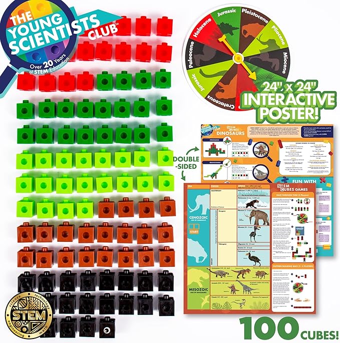 The Young Scientists Club Dinosaur STEM Cubes, Build, Learn & Create with 100+ Math Cubes Manipulatives, 2-in-1 Educational Games, Math Cubes for Kids Ages 4-8, Awesome Learn Through Play Toys Multi