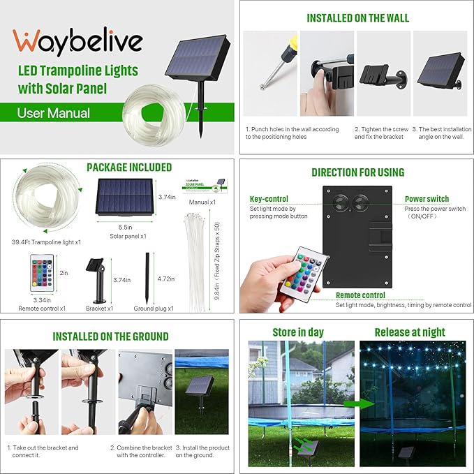 【Upgraded Solar Powered Version】LED Trampoline Lights with Solar Panel, Trampoline Rim LED Light for 12 Ft Trampoline Remote Control, 16 Color Change, Waterproof, Bright to Display at Night Outdoors