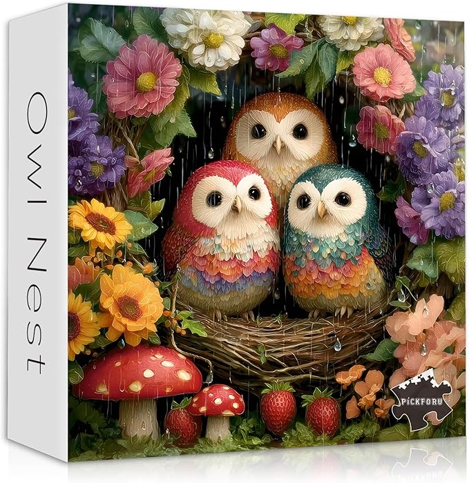 Spring Owl Puzzles for Adults 1000 Pieces, Nature Garden Flower Puzzles with Animal Bird Plant Mushroom, Impossible Hard Challenge Jigsaw Puzzle