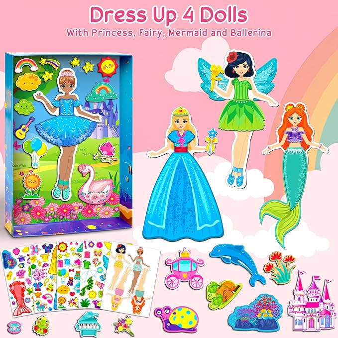 Magnetic Dress Up Dolls Girls Toys Princess Mermaid Fairy Ballerina Fridge Magnets Puzzles Toddlers 3-5 Pretend Play Car Road Trip Airplane Travel Games Activity Birthday Gift 3 4 5 6 7 8 Gilr Boy