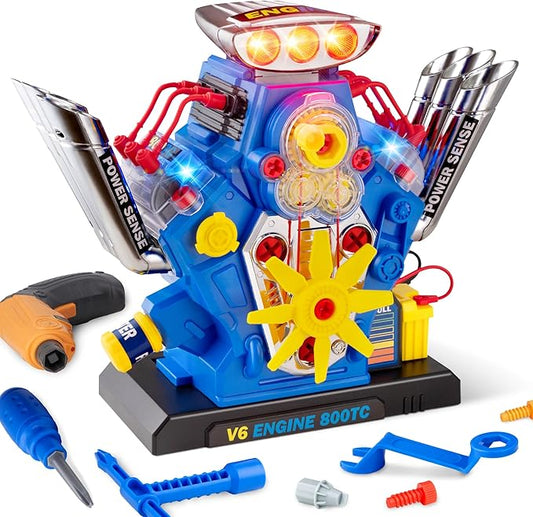 STEM New V6 Engine Model Building Kit，60-Piece Take Apart Toy with Realistic Lights & Sounds, Tools - Mechanic Repair Playset for Kids Ages 3-5