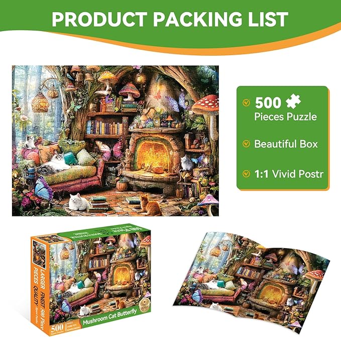 500 Piece Jigsaw Puzzle for Adults Clearance, Spring Fantasy Cats Mushrooms Jigsaw Puzzle, Animals Plant Puzzles for Adults 500 Pieces, Relaxing Puzzle for Home Decor
