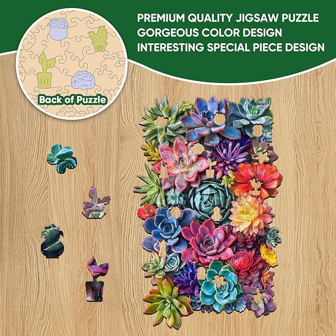 Delobil Rectangular Succulent Wooden Puzzles, 200 Pieces Jigsaw Puzzles 12.6'' x8'', Unique Design Wooden Puzzles for Adults and Kids, Family Game Gift