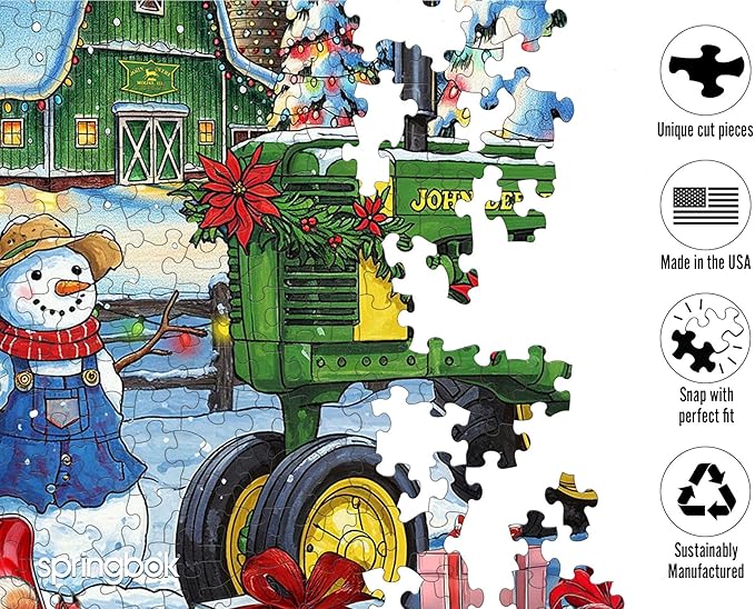 Springbok Festive Farm Surprise 500 Piece Jigsaw Puzzle for Adults - John Deere Christmas - Unique Cut Pieces - Made in USA