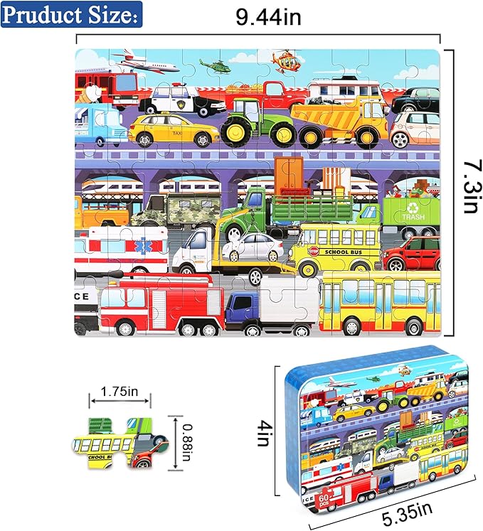 LELEMON 60 Pieces Puzzles for Kids Ages 4-8 Traffic Jam Puzzle for Boys Girls Transportation Vehicles Children Learning Educational Puzzles Portable Box Pack Toys