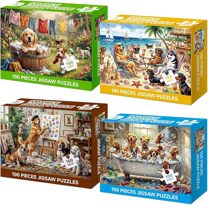 4-Pack 100 Piece Puzzle, Funny Dogs 100 Piece Puzzles for Adults Seniors, Cute Animals Large Piece Jigsaw Puzzles 100 Pieces for Seniors Adults Family Game Gifts (15x10 in)