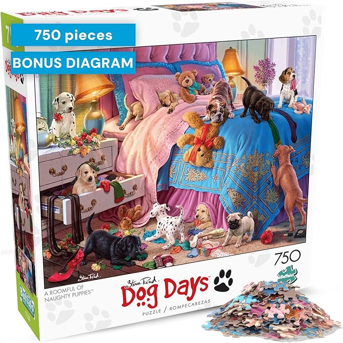 Buffalo Games - A Roomful of Naughty Puppies - Steve Read - 750 Piece Jigsaw Puzzle for Adults - Dog Lovers - Cute Puppy Puzzle with Bonus Poster - Finished Size 24.00 x 18.00 - Made in USA