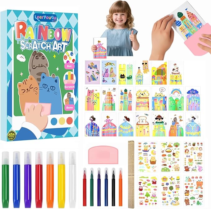 LEERYOUQU Rainbow Scratch Art for Kids, Rainbow Scratch Paper Art Set Notebook, Creative Squeegee Painting Kits, DIY Postcards Scrath Art Party Favors Novelty Gifts for Girls Boys