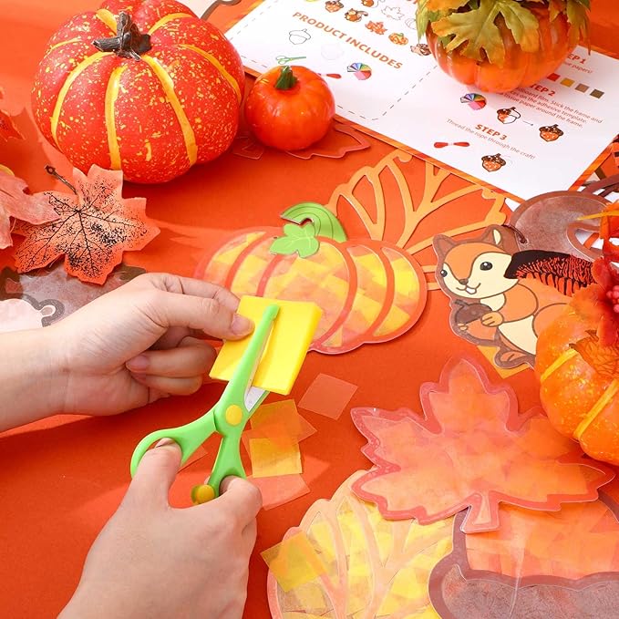 Feifeiya 24 Sets Fall Crafts Kit DIY Autumn Paper Crafts with Colored Tissue Paper Sticker Tools Fall Harvest Pumpkin Leaf Acorn Squirrel Suncatcher Ornaments for Classroom Thanksgiving Activity Arts