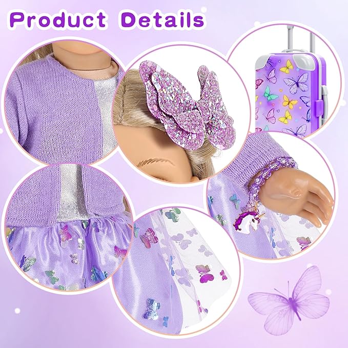 DONTNO American 18 Inch Doll Accessories with Travel Suitcase Makeup Play Set and Clothes,Shoulder Bag,Eye Shadow Plate,Butterfly Hairpin,Bracelet,Lipstick,Hair Tie,Eyelash Brush,No Doll and Shoes