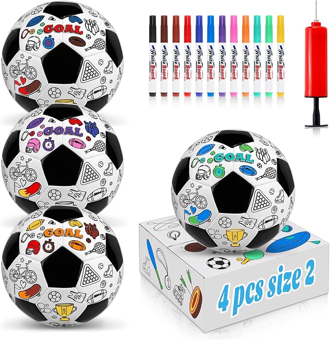 4 Pack Size 2 Color Your Own Soccer Ball Black DIY Custom Soccer Ball Craft Kit with Pump 12 Markers Personalized Youth Toddler Training Soccer Ball Paint Your Own Toy Creative