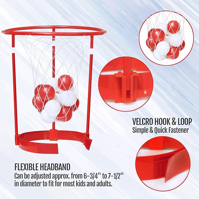 Novelty Place Head Basketball Hoop Party Game Set for Kids & Adults - Adjustable Basketball Headband with 20 Balls - Red & White