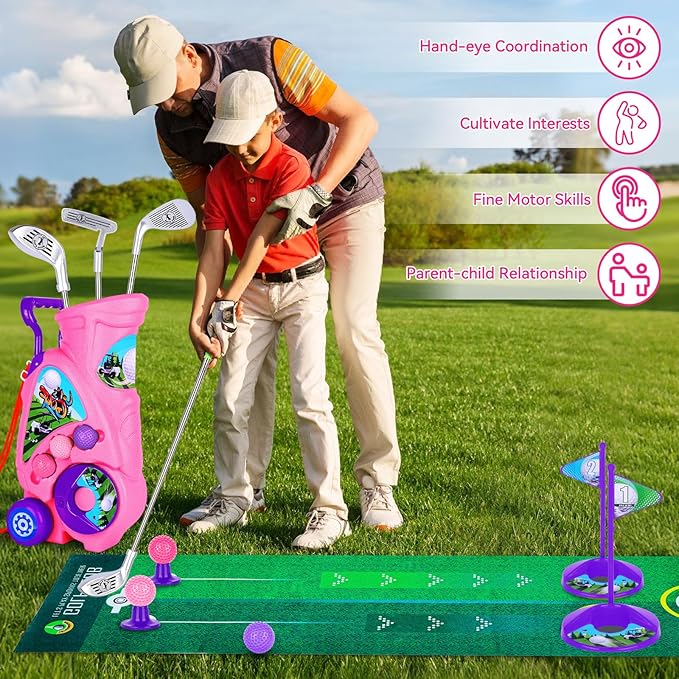 Toddler Golf Set with Shoulder Strap for Kids Ages 2-5, Portable Golf Clubs, Cart & Putting Mat - Indoor Outdoor Sports Toys -Pink