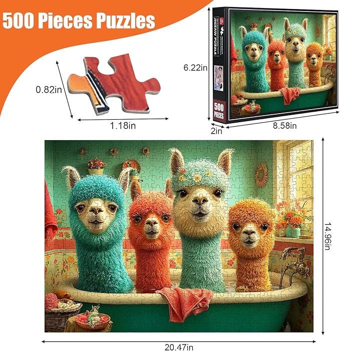 Llama Puzzles for Adults 500 Pieces - Cute Animal in Bathtub Jigsaw Puzzle, Colorful Alpaca Puzzles with Letters on Back, Challenging Hard Difficult Animal Bathing Puzzles as Thanksgiving Home Decor