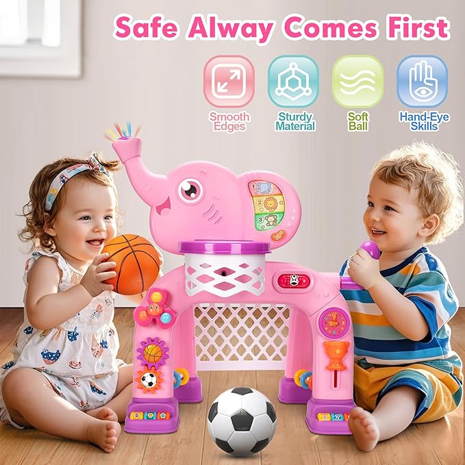 Toddler Basketball Hoop & Soccer Goal, Toys for 1 2 3 Year Old Boys Girls, Kids Sports Toy with Light Sound Music, Montessori Toys for Baby 12-18 Months, Christmas Birthday Gifts for Ages 1-3(Pink）