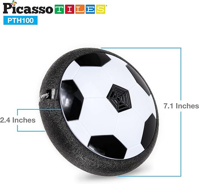 PicassoTiles Hoverball Air Hockey Soccer Floating Disc with LED Light Airlift Power Soft Bumper Indoor Gliding Toy Battery Operated Movement Training Game for Physical Activity Kids Age 3 Plus PTH100