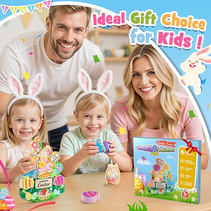 Easter Basket Stuffers Gifts for Kids Toddler Easter Toys 11 Pcs Wooden Stacking Blocks Toy for 3 4 5 6 7 8 9 10 Year Old Boys Girls Kid Balance Competition Games for Ages 5-7 Toddlers Gift