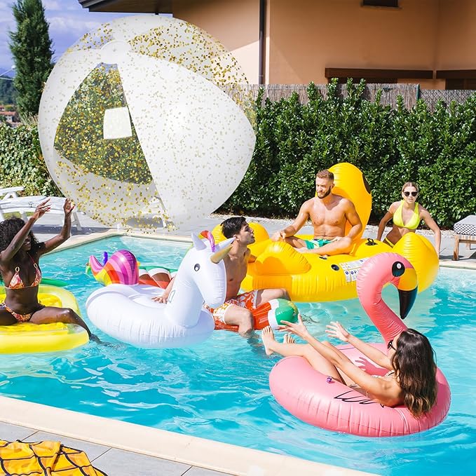 Realspring 2 Pcs 48'' Giant Beach Balls for Swimming Pool 4 Ft Jumbo Glitter Confetti Inflatable PVC Pool Balls Large Summer Blow up Beach Toys for Adults Summer Outdoor Party Favor(Pink White)