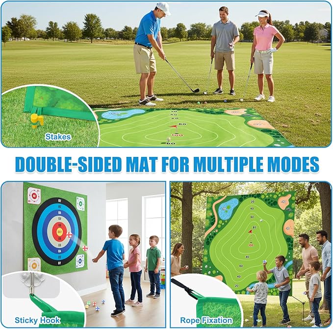 ASTRAEA Golf Chipping Game, Golf Battle Game with Hitting Mat for Kids Adults Indoor and Outdoor, 60" x 60" Double Sided Practice Mat with 2 Clubs & 20 Sticky Balls for Backyard