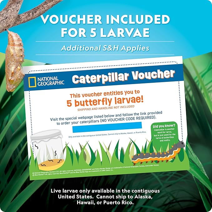 National Geographic Ultimate Butterfly Growing Kit – Butterfly Habitat Kit with Voucher to Redeem 5 Caterpillars (S&H Not Included), Glow-in-The-Dark Figures, Hands-On Activity, Easter Gifts for Kids