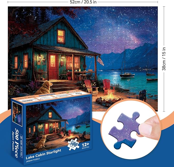 500 Piece Puzzle for Adults, Summer Starry Night Campfire Cottage Jigsaw Puzzle, Challenging Perfect for Game Nights, 20.5 X 15 in