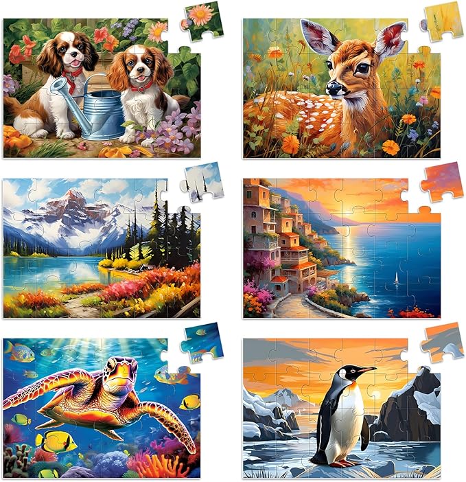 6 Pack Large Piece Puzzles for Seniors, 24 Piece Dementia Puzzles for Elderly Penguin Sea Turtle Deer Jigsaw Puzzle Alzheimer's Dementia Products Products for Adult Cognitive Gifts Toy for Men Women