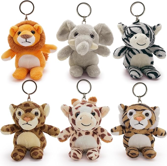 Tezituor 6 Pack Small Stuffed Animals Keychain,Cute Forest Animal Keychain Bulk,6" Mini Plush Toys,Lion/Tiger/Cheetah/Elephant/Giraffe/Zebra Kids Backpack Charm for Christmas, Easter, Birthday