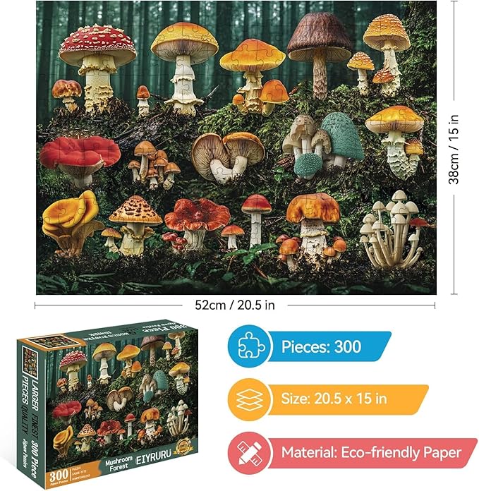 300 Piece Mushroom Forest Puzzle for Adults & Kids – Colorful Botanical Plants, Large Pieces, Fun & Challenging, Glossy Recycled Cardboard (20.5 x 15 in)