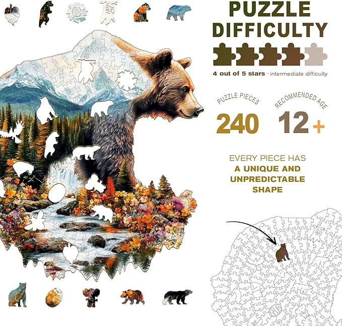 Wooden Puzzles for Adults - Bear and Nature Wooden Jigsaw Puzzle - Unique Animal Shaped Wood Puzzles Adult - Christmas Birthday Gifts for Adults/Friends/Family - 240pcs 13.3 * 13.5in