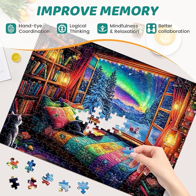 300 Pieces Puzzles for Adults | Winter Aurora Cat Jigsaw Puzzles | Large 300 Piece Puzzle for Children Adults Seniors | Sturdy,Safe | Engaging & Educational Toys Great Gift for Boys Girls 20.5 x 15 in