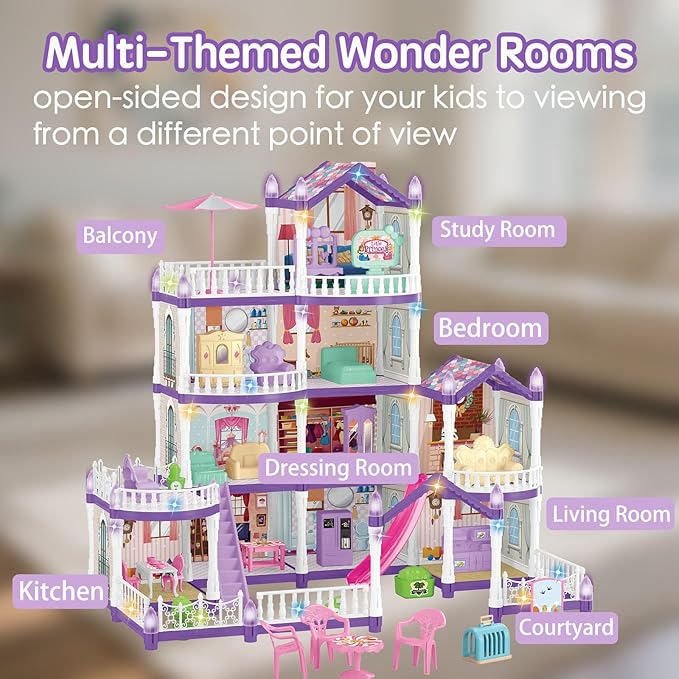 Villa Toy House for Girls, 4 Stories 10 Rooms Villa Playhouse with Princesses Slide Accessories, Lights, Furniture, stairs, DIY pretend toddlers playset kit for 3 4 5 6 7 8 9 10 Year Old Kids (purple)